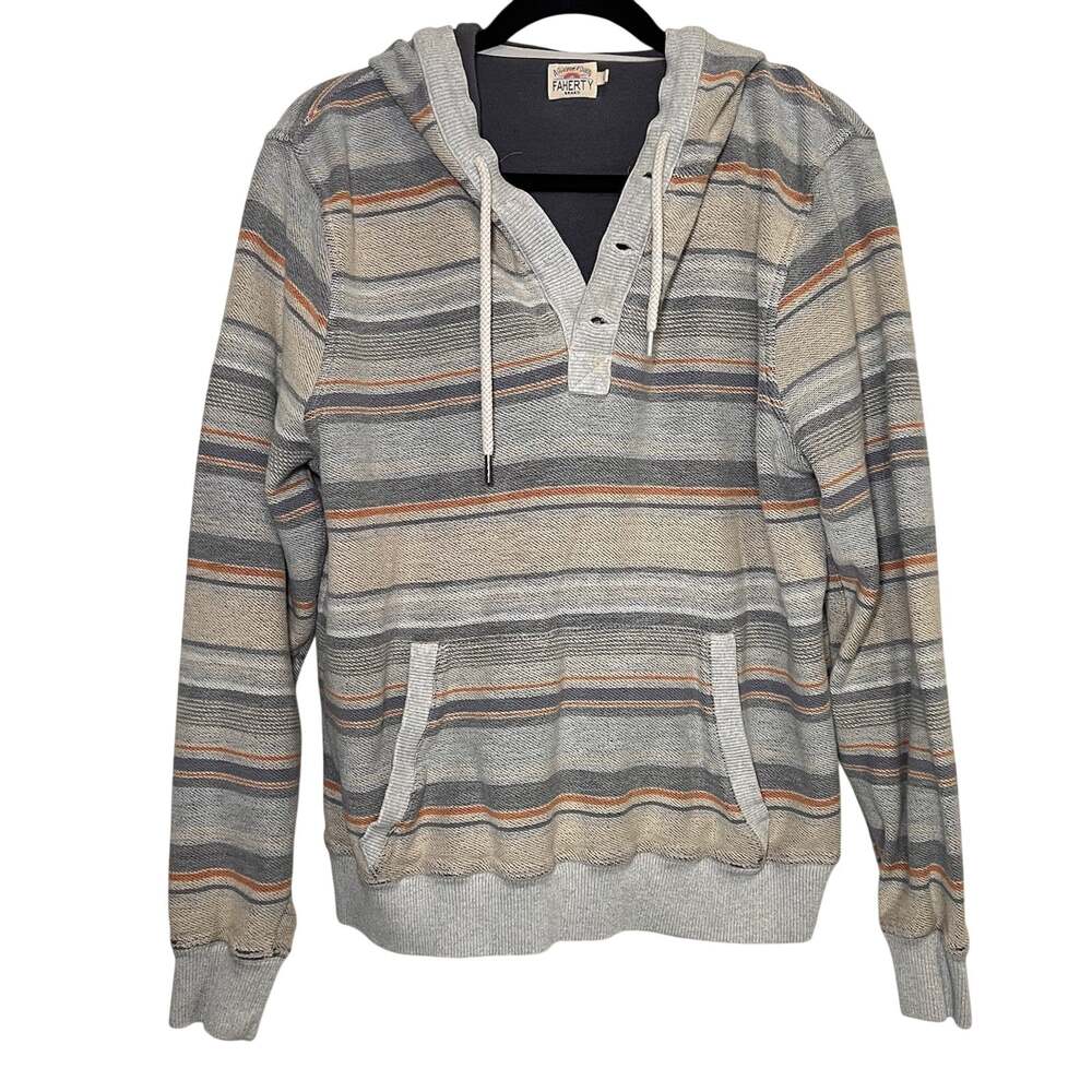 Faherty Hoodie Mens Size L Gray Tan Orange Striped Baja Pullover Cotton Henley